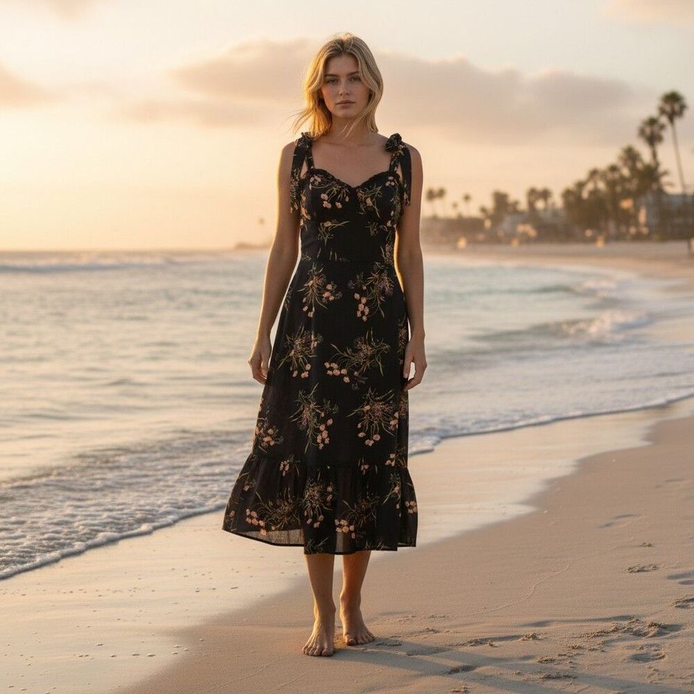 Commense Ruffle Hem Floral Dress Small Floral Shoulder Tie Knee-Length